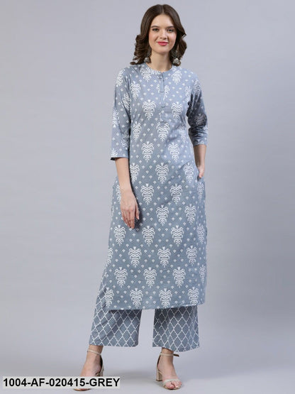 Grey & White Straight Screen Floral Print Pure Cotton Kurta & Palazzos