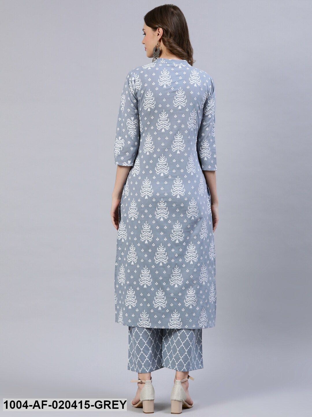 Grey & White Straight Screen Floral Print Pure Cotton Kurta & Palazzos