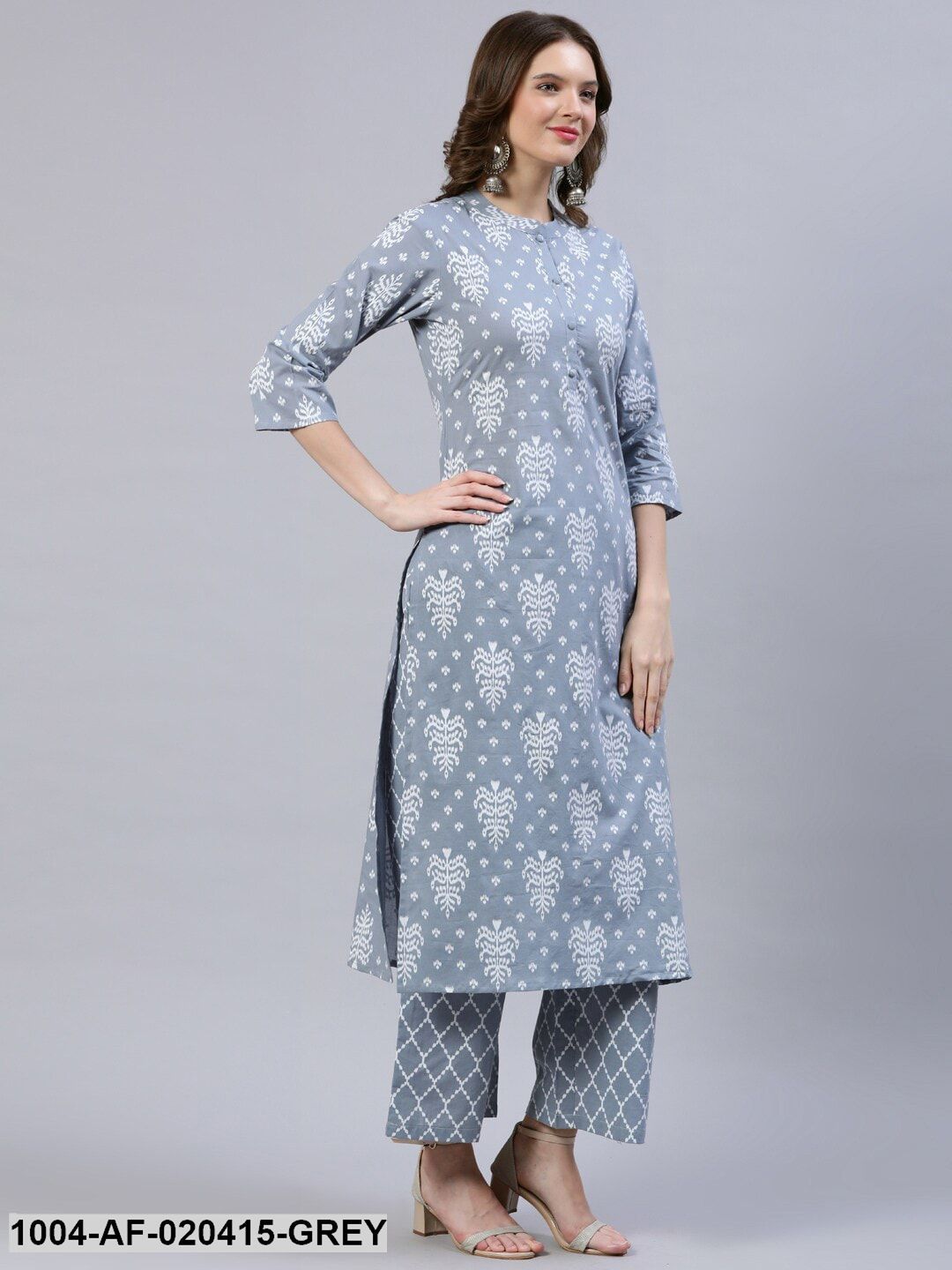Grey & White Straight Screen Floral Print Pure Cotton Kurta & Palazzos