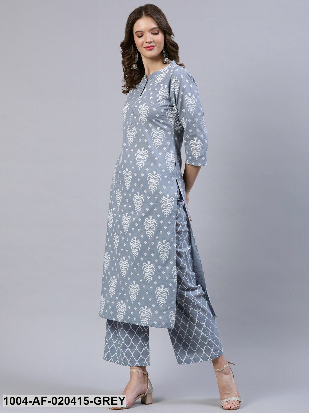 Grey & White Straight Screen Floral Print Pure Cotton Kurta & Palazzos