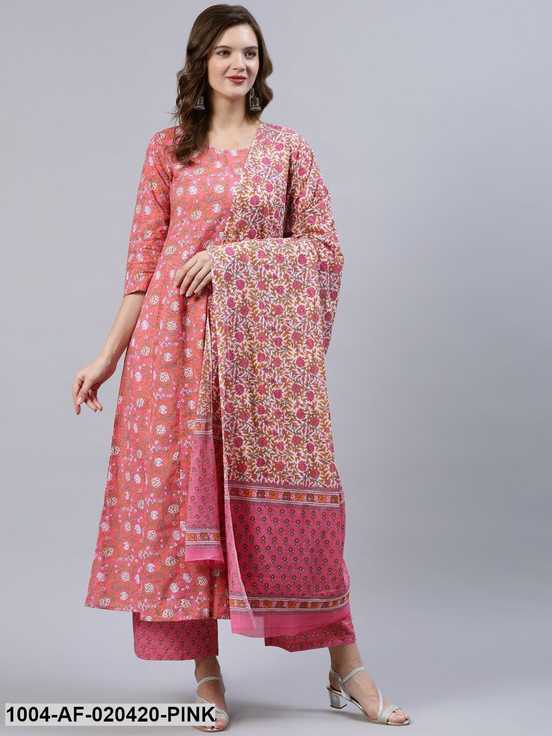Pink & Orange Floral Screen Print A-Line Pure Cotton Kurta Set With Dupatta