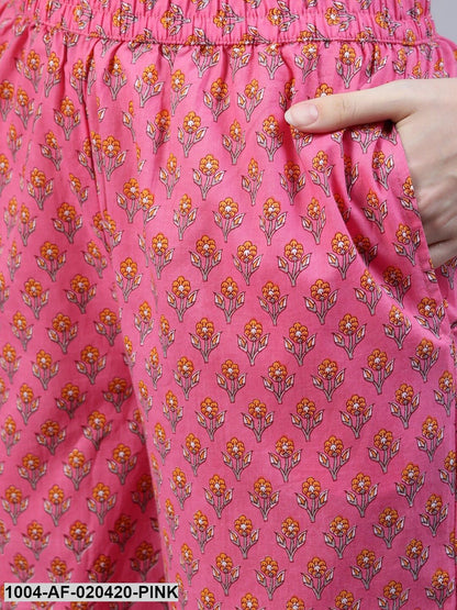 Pink & Orange Floral Screen Print A-Line Pure Cotton Kurta Set With Dupatta