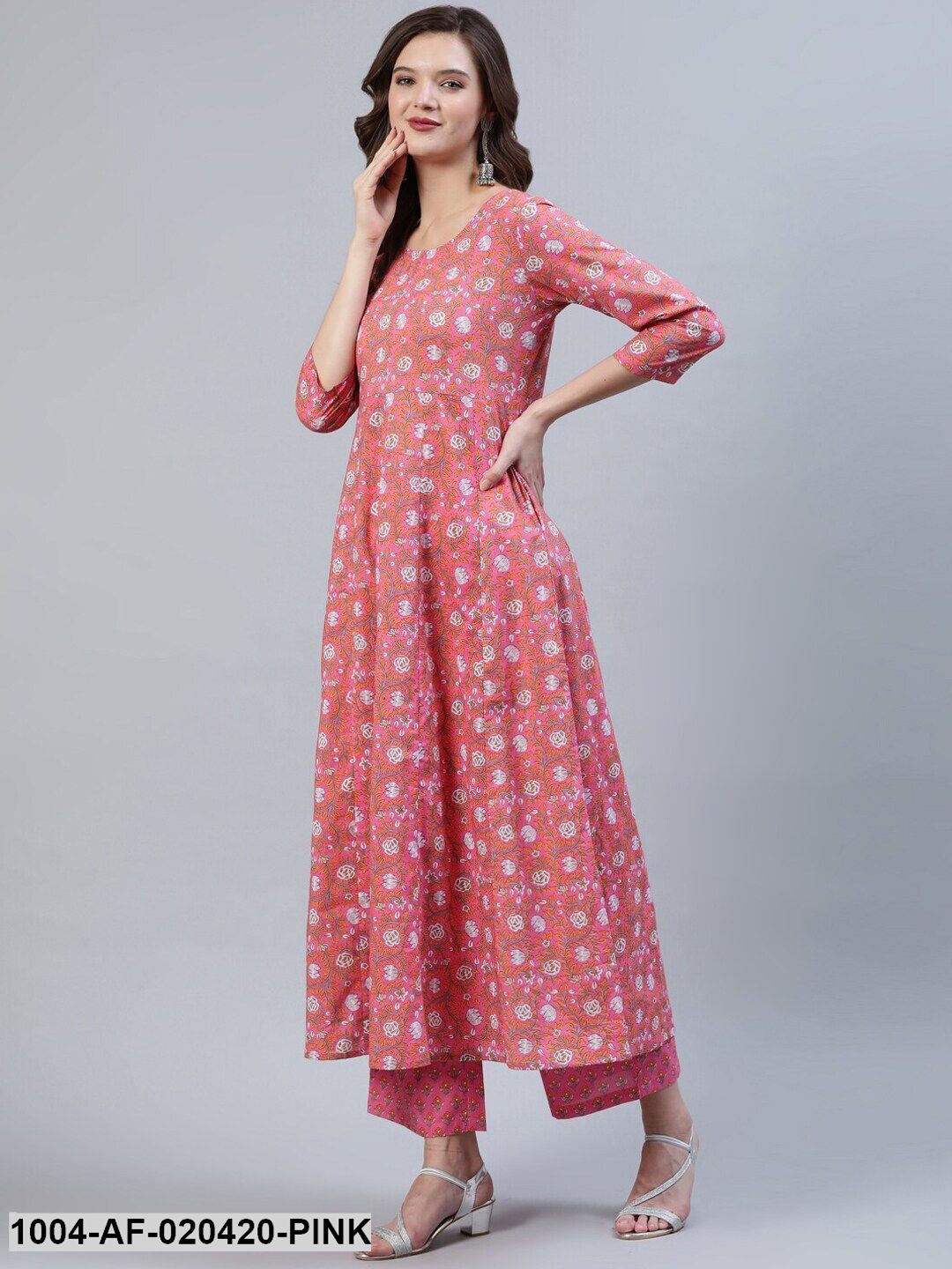 Pink & Orange Floral Screen Print A-Line Pure Cotton Kurta Set With Dupatta