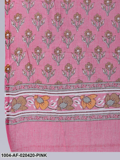 Pink & Orange Floral Screen Print A-Line Pure Cotton Kurta Set With Dupatta