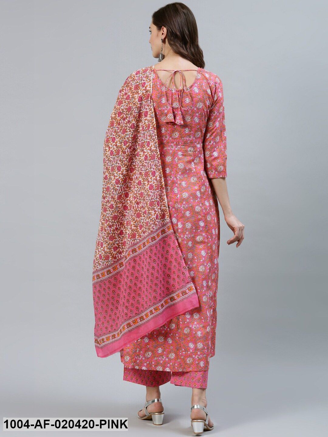 Pink & Orange Floral Screen Print A-Line Pure Cotton Kurta Set With Dupatta