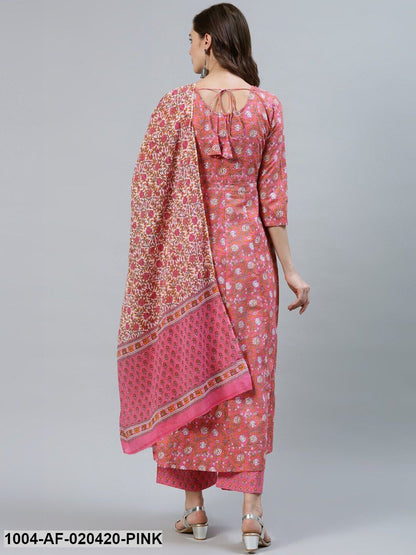 Pink & Orange Floral Screen Print A-Line Pure Cotton Kurta Set With Dupatta