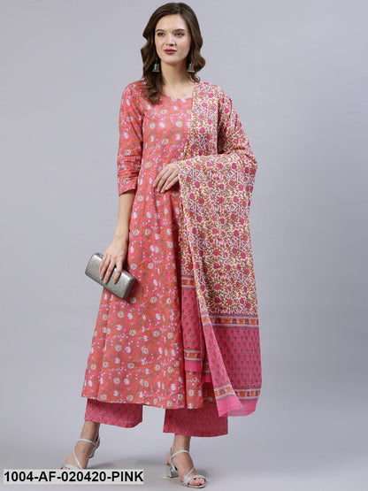 Pink & Orange Floral Screen Print A-Line Pure Cotton Kurta Set With Dupatta