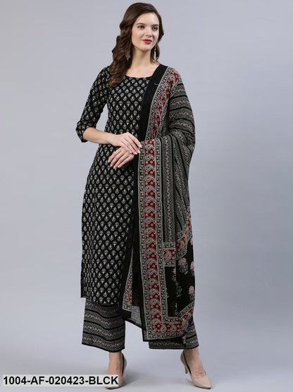 Black & Beige Screen Print Straight Pure Cotton Kurta Set With Dupatta