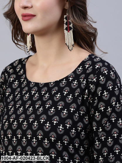 Black & Beige Screen Print Straight Pure Cotton Kurta Set With Dupatta