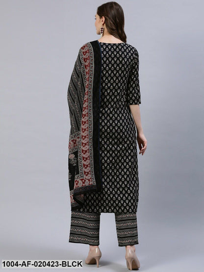 Black & Beige Screen Print Straight Pure Cotton Kurta Set With Dupatta