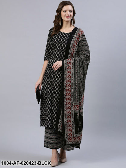 Black & Beige Screen Print Straight Pure Cotton Kurta Set With Dupatta