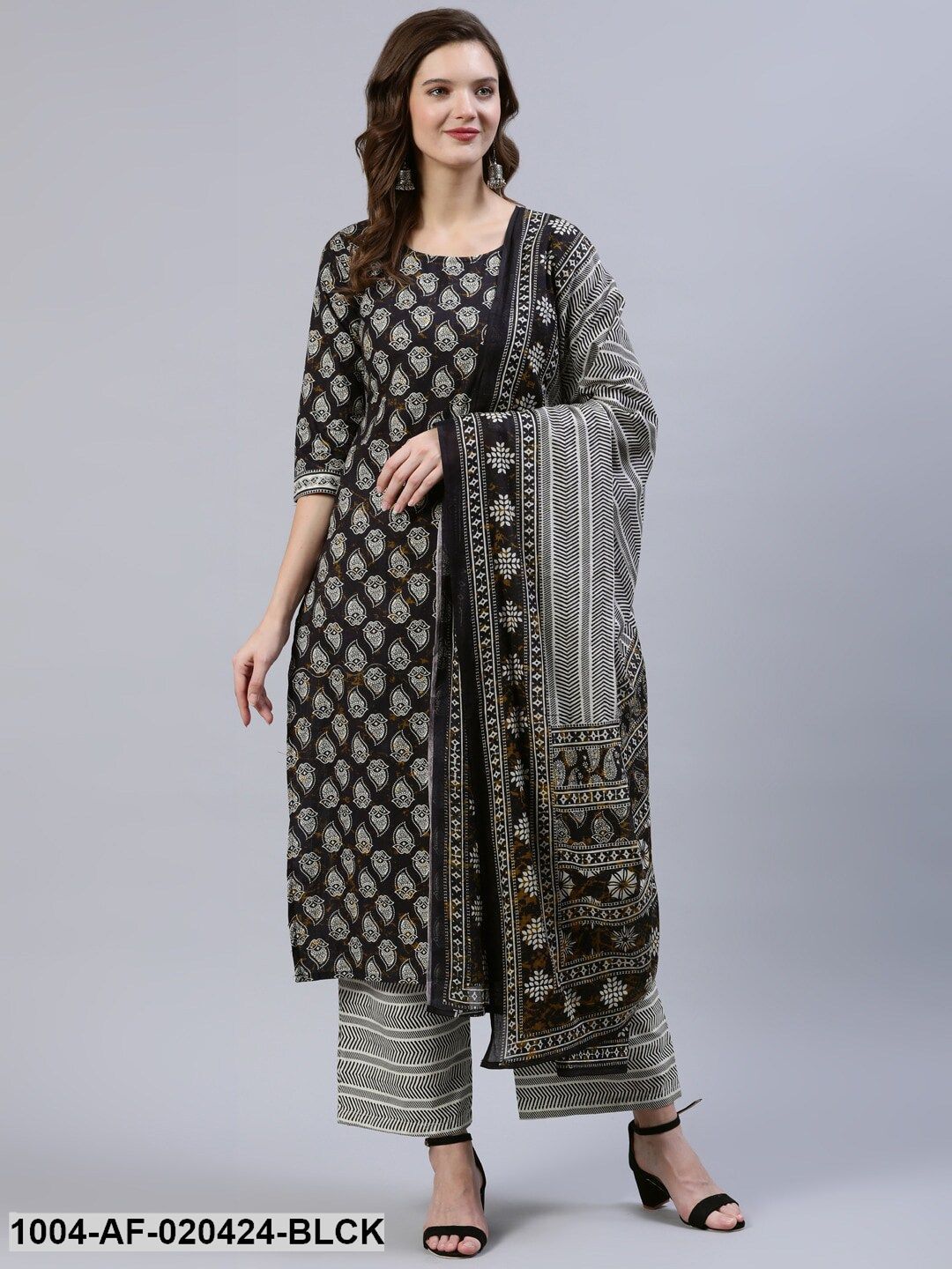 Black &amp; Grey Screen Print Straight Pure Cotton Kurta Set &amp; Dupatta