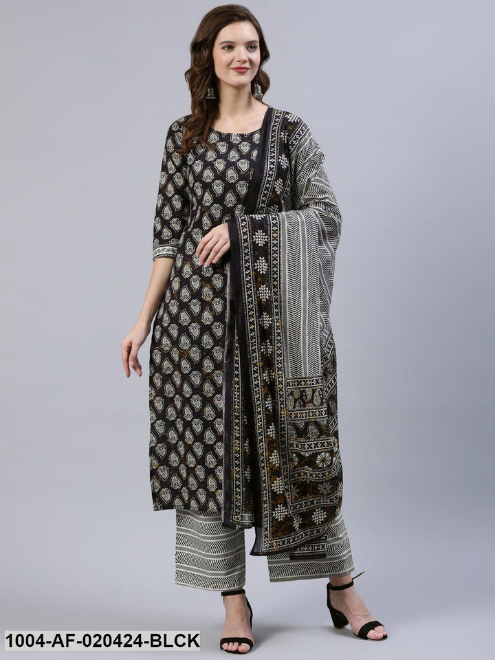 Black &amp; Grey Screen Print Straight Pure Cotton Kurta Set &amp; Dupatta
