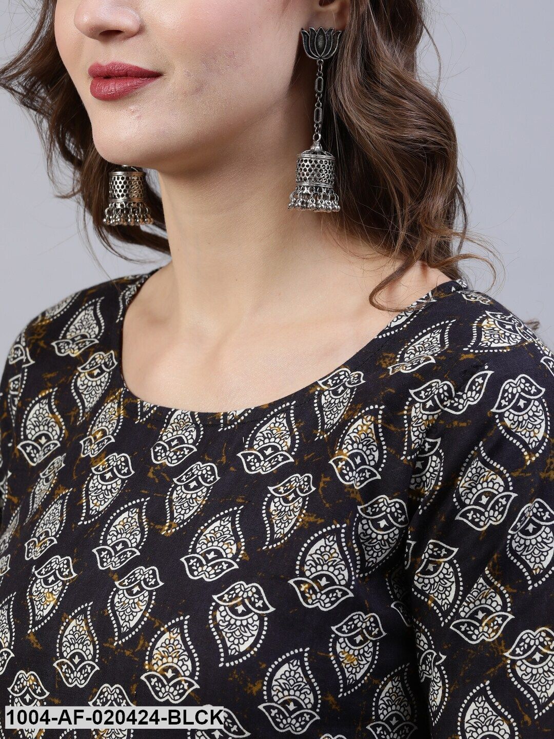 Black &amp; Grey Screen Print Straight Pure Cotton Kurta Set &amp; Dupatta