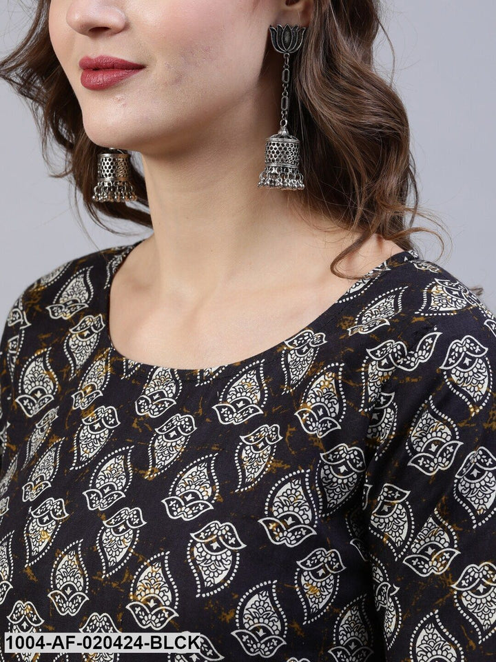 Black &amp; Grey Screen Print Straight Pure Cotton Kurta Set &amp; Dupatta