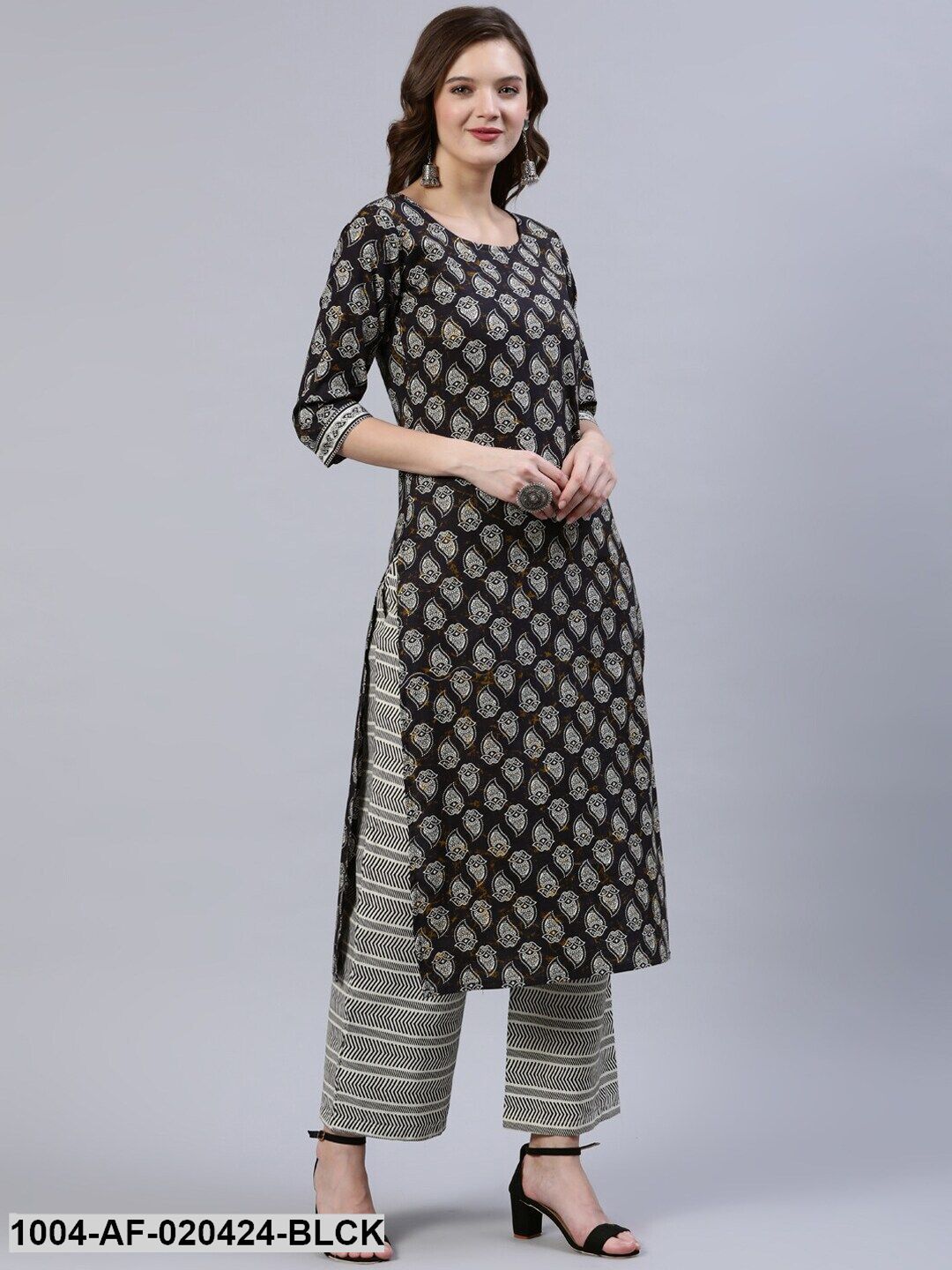 Black &amp; Grey Screen Print Straight Pure Cotton Kurta Set &amp; Dupatta