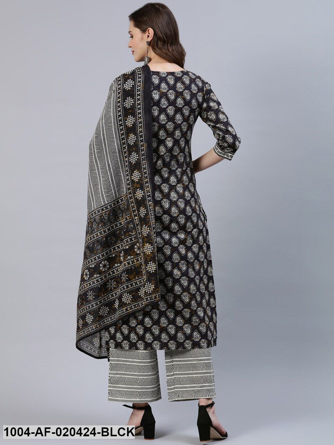 Black &amp; Grey Screen Print Straight Pure Cotton Kurta Set &amp; Dupatta