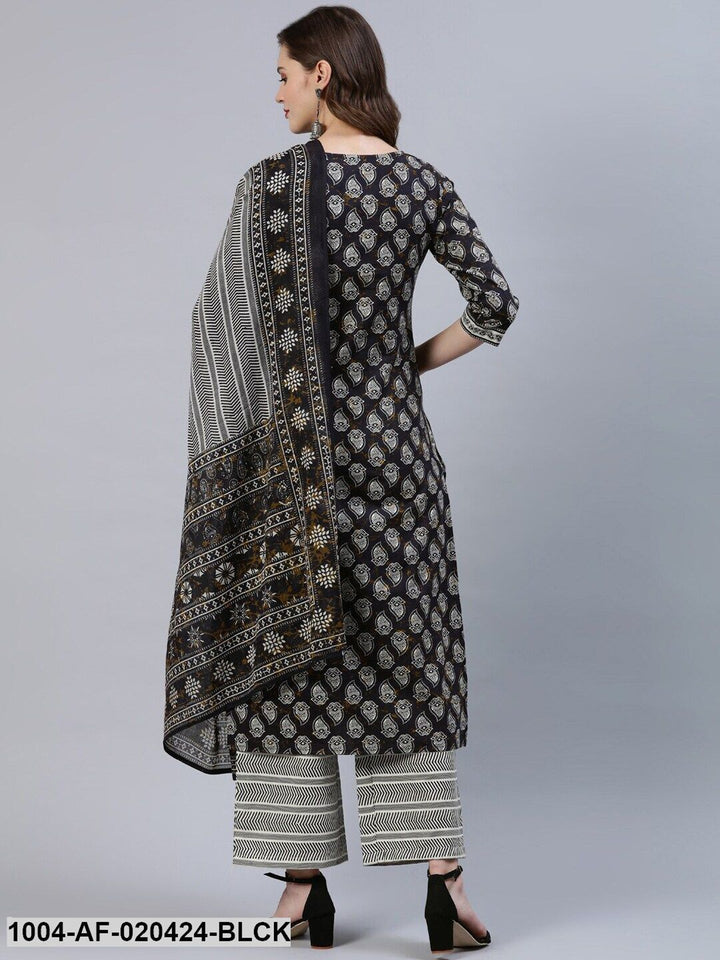 Black &amp; Grey Screen Print Straight Pure Cotton Kurta Set &amp; Dupatta
