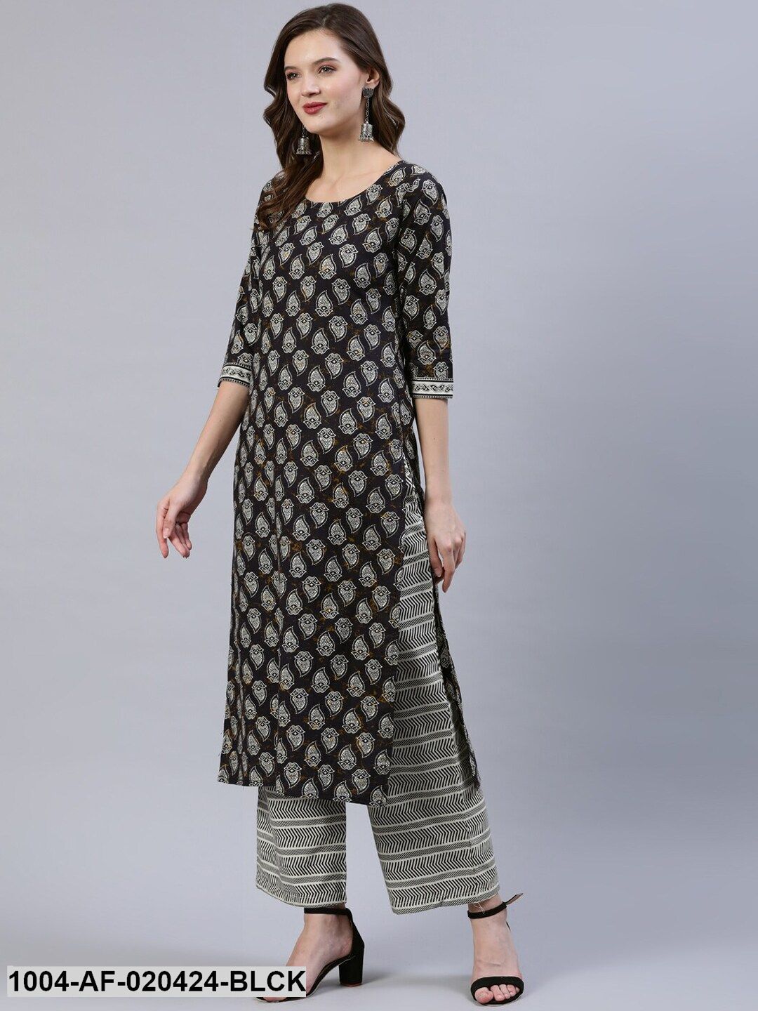Black &amp; Grey Screen Print Straight Pure Cotton Kurta Set &amp; Dupatta