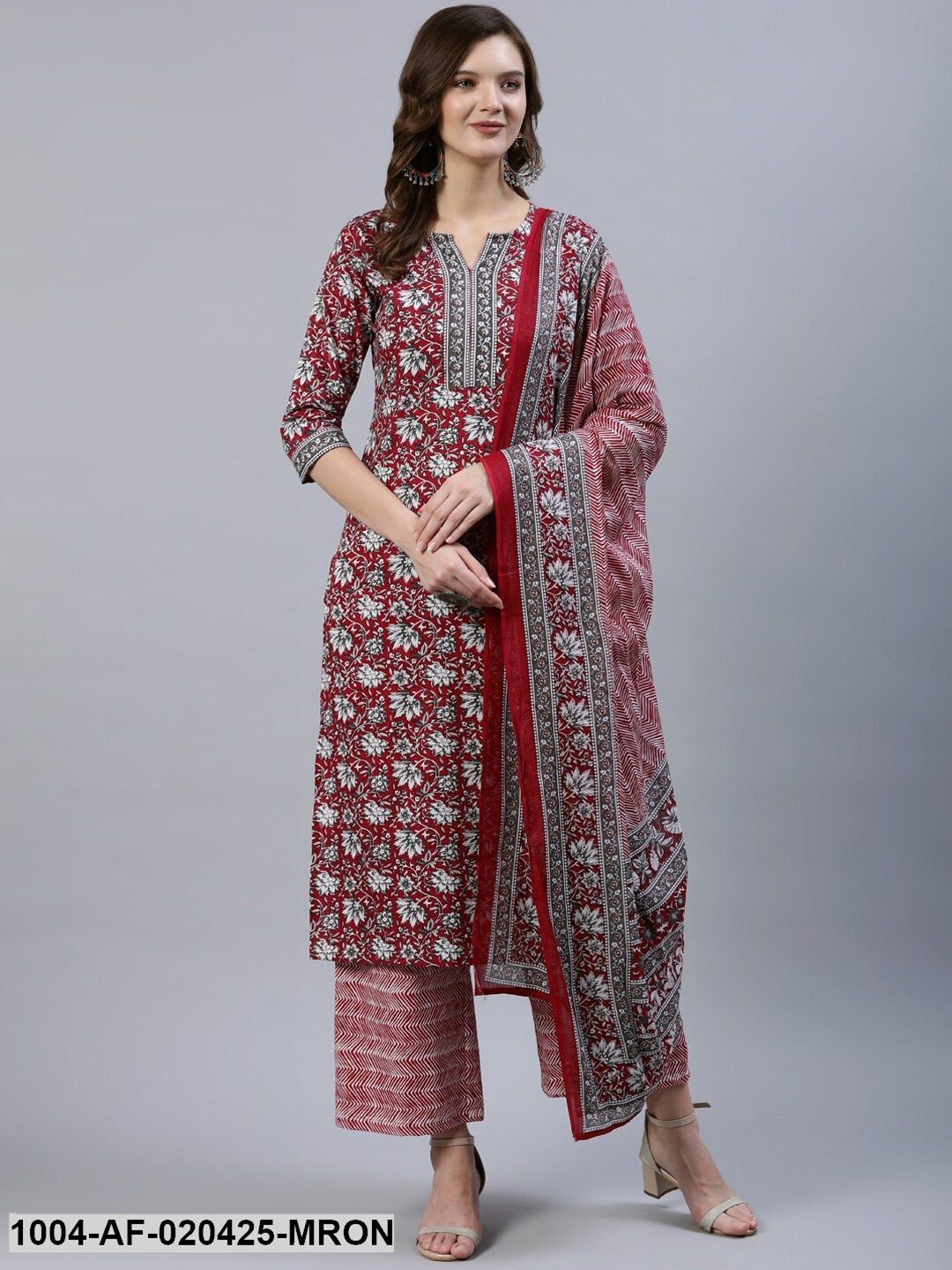 Maroon and White Straight Printed Pure Cotton Kurta & Trousers With Dupatta