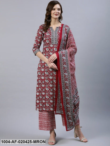 Maroon and White Straight Printed Pure Cotton Kurta & Trousers With Dupatta