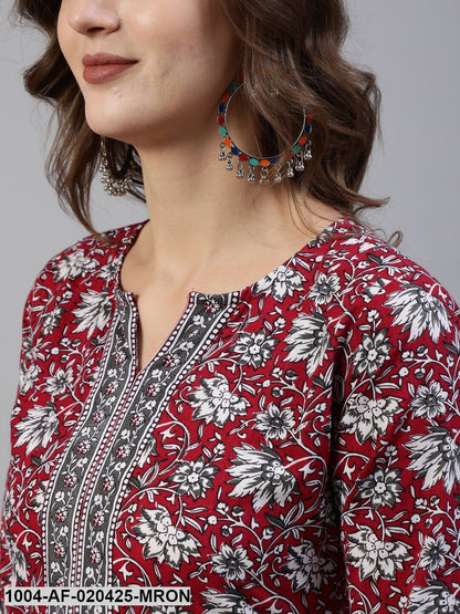 Maroon and White Straight Printed Pure Cotton Kurta & Trousers With Dupatta