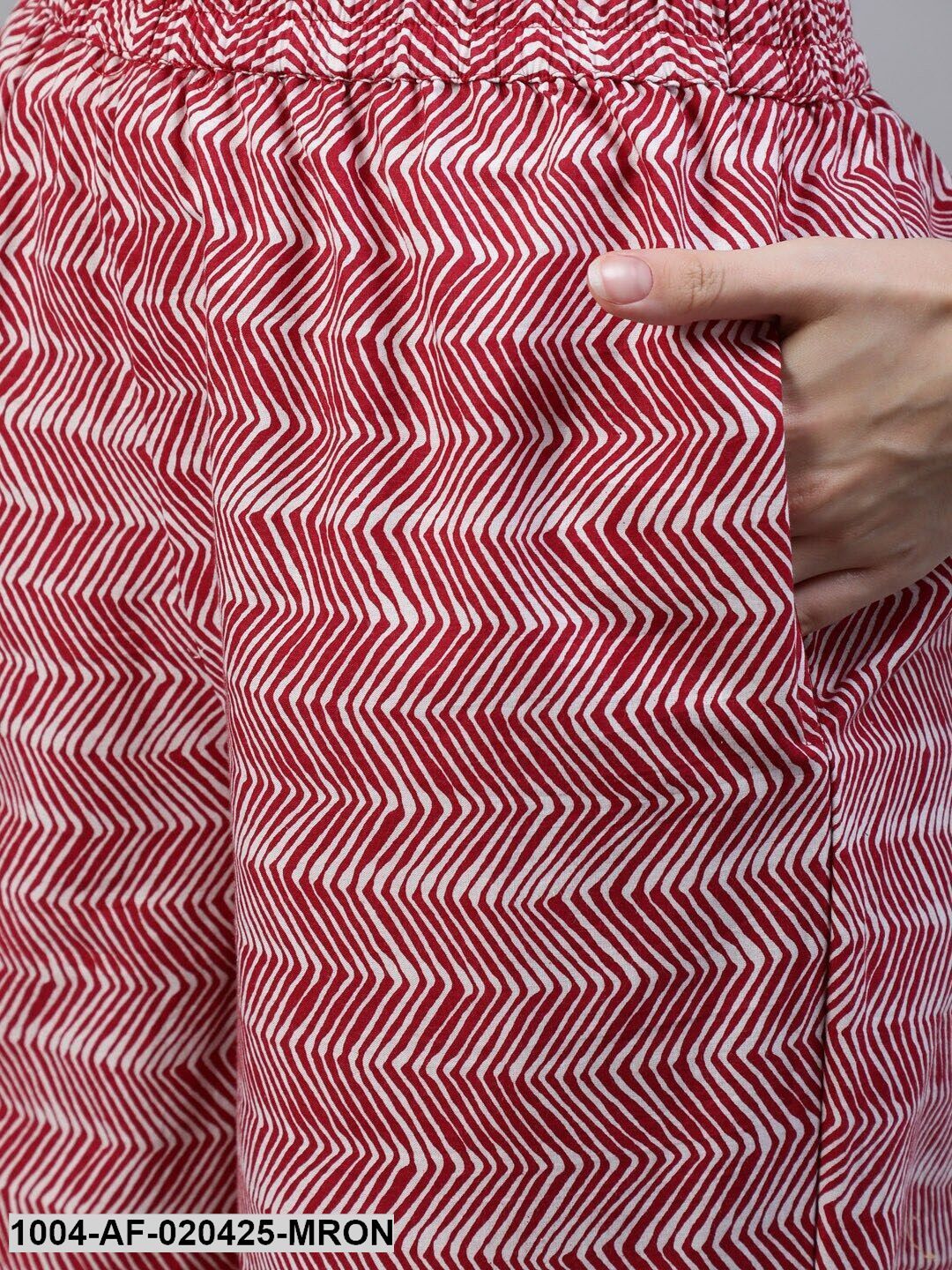 Maroon and White Straight Printed Pure Cotton Kurta & Trousers With Dupatta