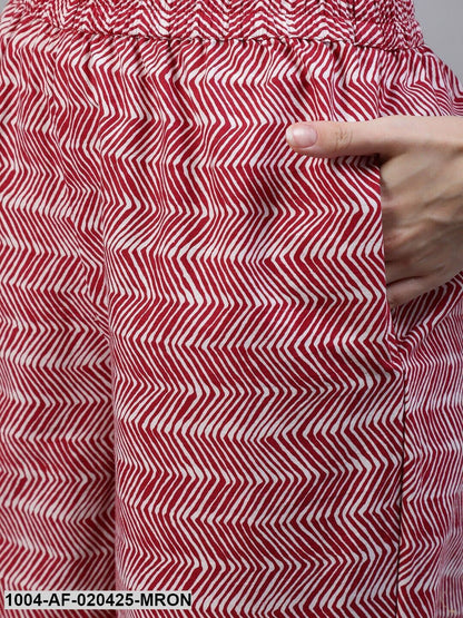 Maroon and White Straight Printed Pure Cotton Kurta & Trousers With Dupatta