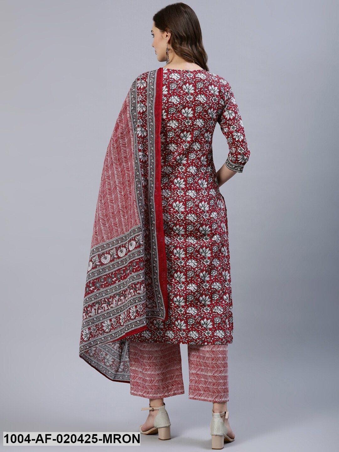 Maroon and White Straight Printed Pure Cotton Kurta & Trousers With Dupatta
