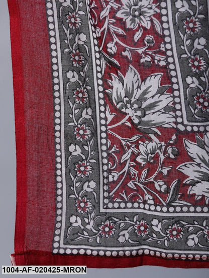 Maroon and White Straight Printed Pure Cotton Kurta & Trousers With Dupatta