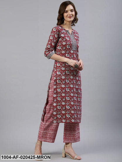 Maroon and White Straight Printed Pure Cotton Kurta & Trousers With Dupatta