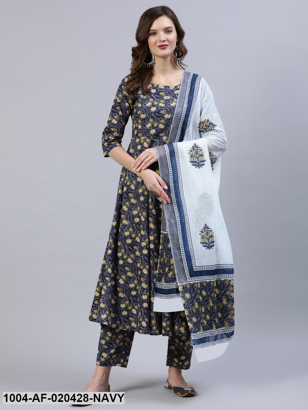 Navy & Yellow Screen Print Anarkali Pure Cotton Kurta & Trousers With Dupatta