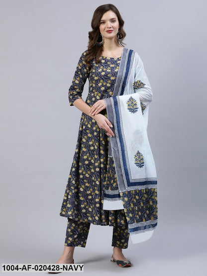 Navy & Yellow Screen Print Anarkali Pure Cotton Kurta & Trousers With Dupatta