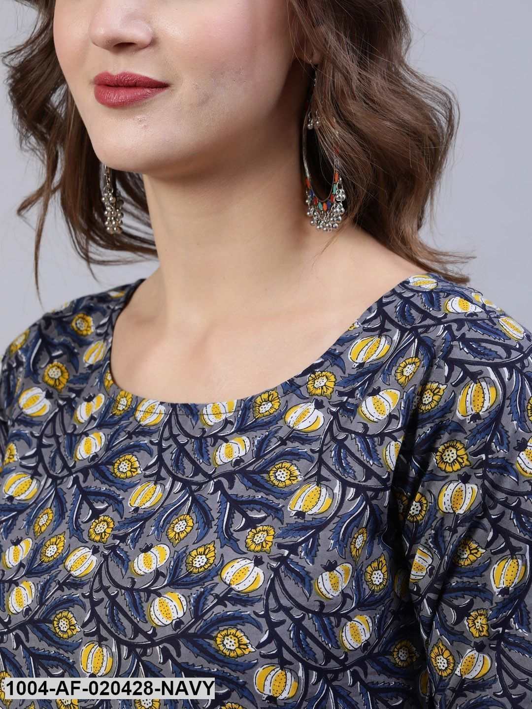 Navy & Yellow Screen Print Anarkali Pure Cotton Kurta & Trousers With Dupatta