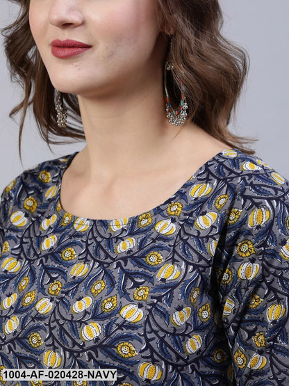 Navy & Yellow Screen Print Anarkali Pure Cotton Kurta & Trousers With Dupatta
