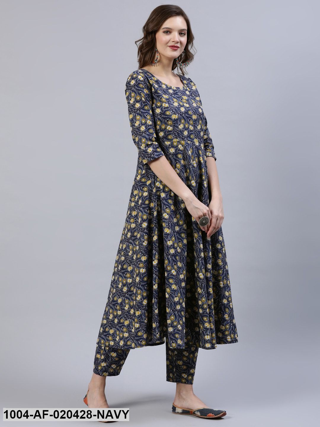 Navy & Yellow Screen Print Anarkali Pure Cotton Kurta & Trousers With Dupatta