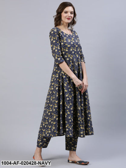 Navy & Yellow Screen Print Anarkali Pure Cotton Kurta & Trousers With Dupatta