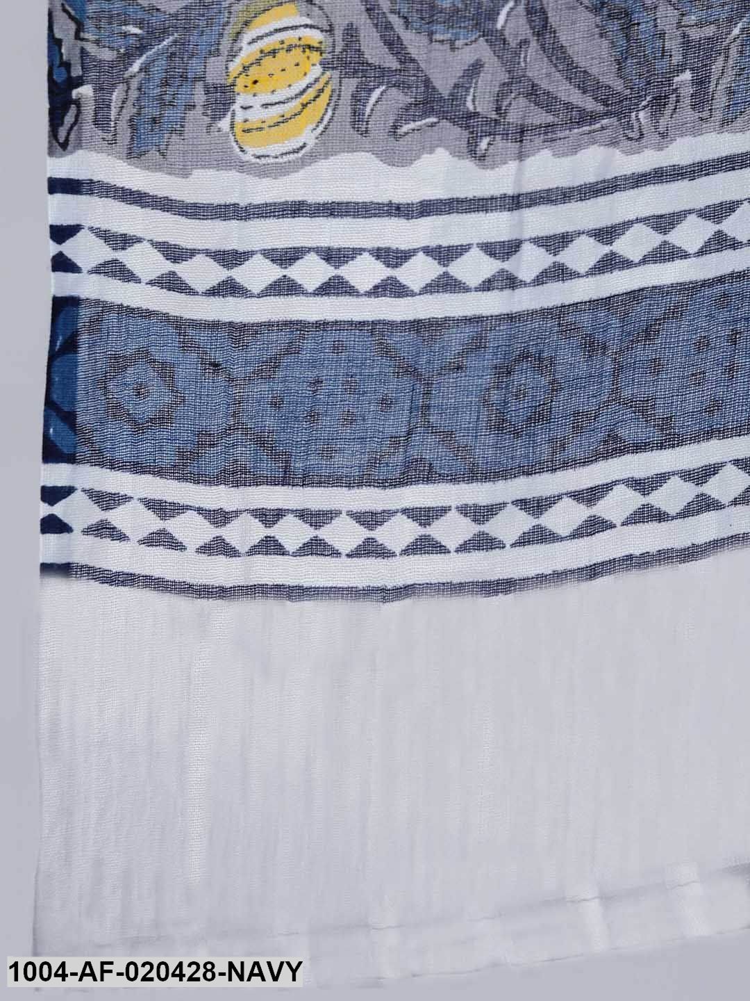 Navy & Yellow Screen Print Anarkali Pure Cotton Kurta & Trousers With Dupatta