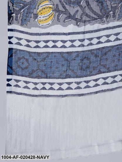 Navy & Yellow Screen Print Anarkali Pure Cotton Kurta & Trousers With Dupatta