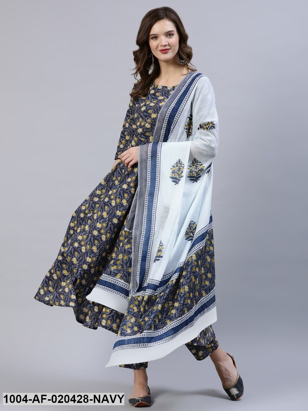 Navy & Yellow Screen Print Anarkali Pure Cotton Kurta & Trousers With Dupatta