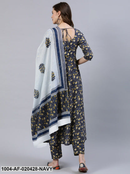 Navy & Yellow Screen Print Anarkali Pure Cotton Kurta & Trousers With Dupatta