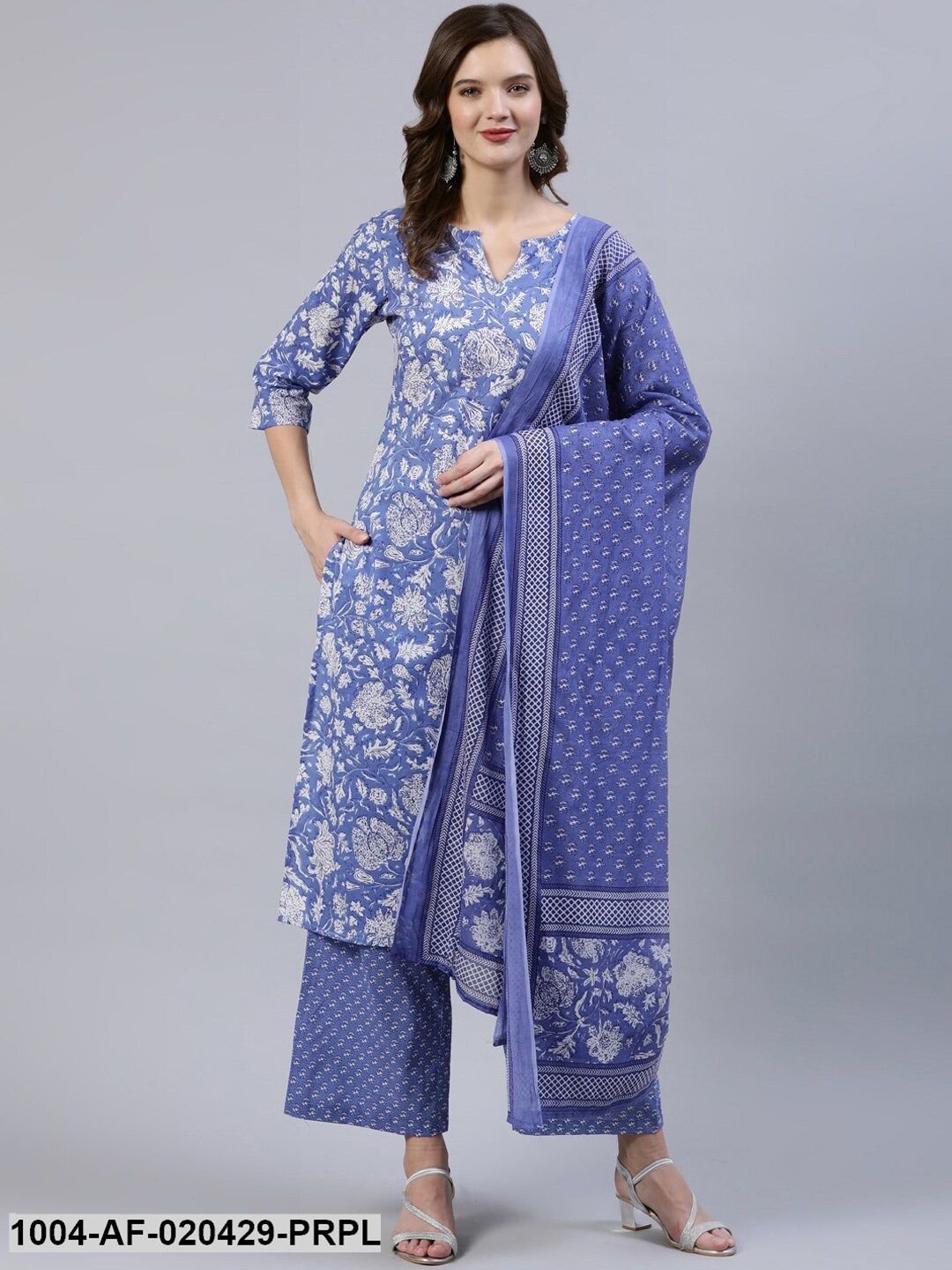 Purple & White Straight Screen Floral Print Pure Cotton Kurta & Palazzos