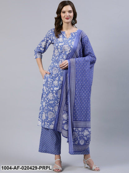 Purple & White Straight Screen Floral Print Pure Cotton Kurta & Palazzos