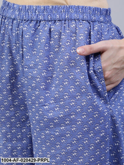 Purple & White Straight Screen Floral Print Pure Cotton Kurta & Palazzos