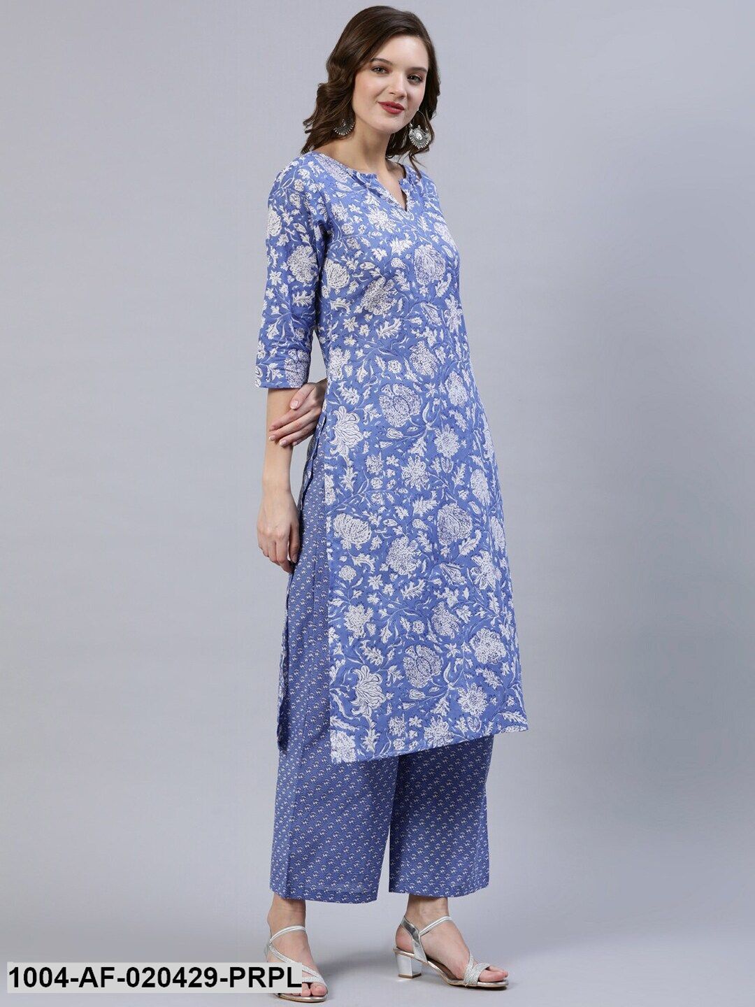 Purple & White Straight Screen Floral Print Pure Cotton Kurta & Palazzos