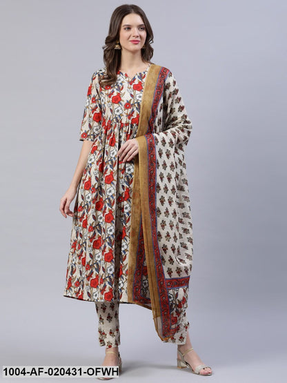 Off White & Red Floral Screen Print A-Line Pure Cotton Kurta Set With Dupatta