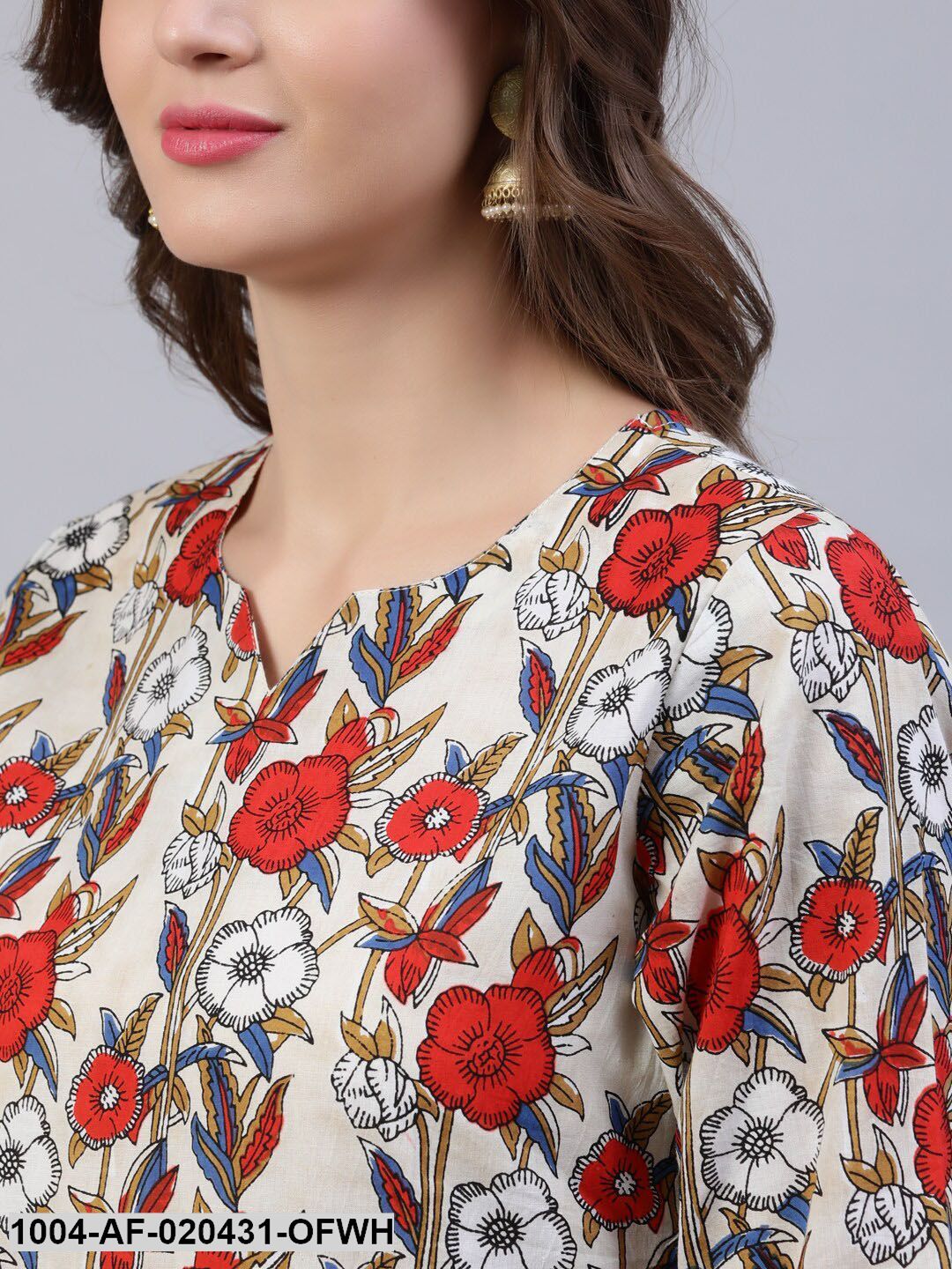 Off White & Red Floral Screen Print A-Line Pure Cotton Kurta Set With Dupatta