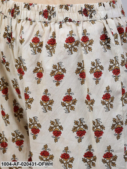 Off White & Red Floral Screen Print A-Line Pure Cotton Kurta Set With Dupatta
