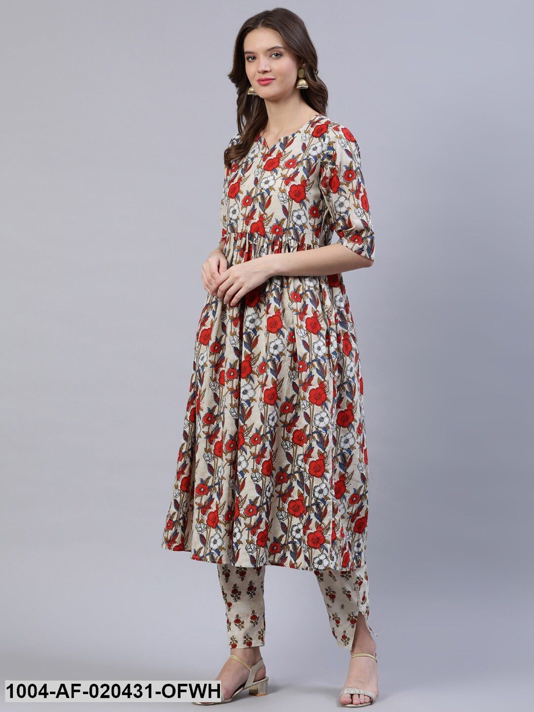 Off White & Red Floral Screen Print A-Line Pure Cotton Kurta Set With Dupatta