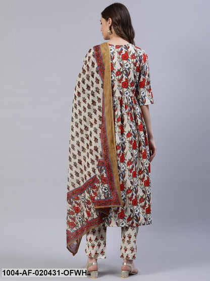 Off White & Red Floral Screen Print A-Line Pure Cotton Kurta Set With Dupatta